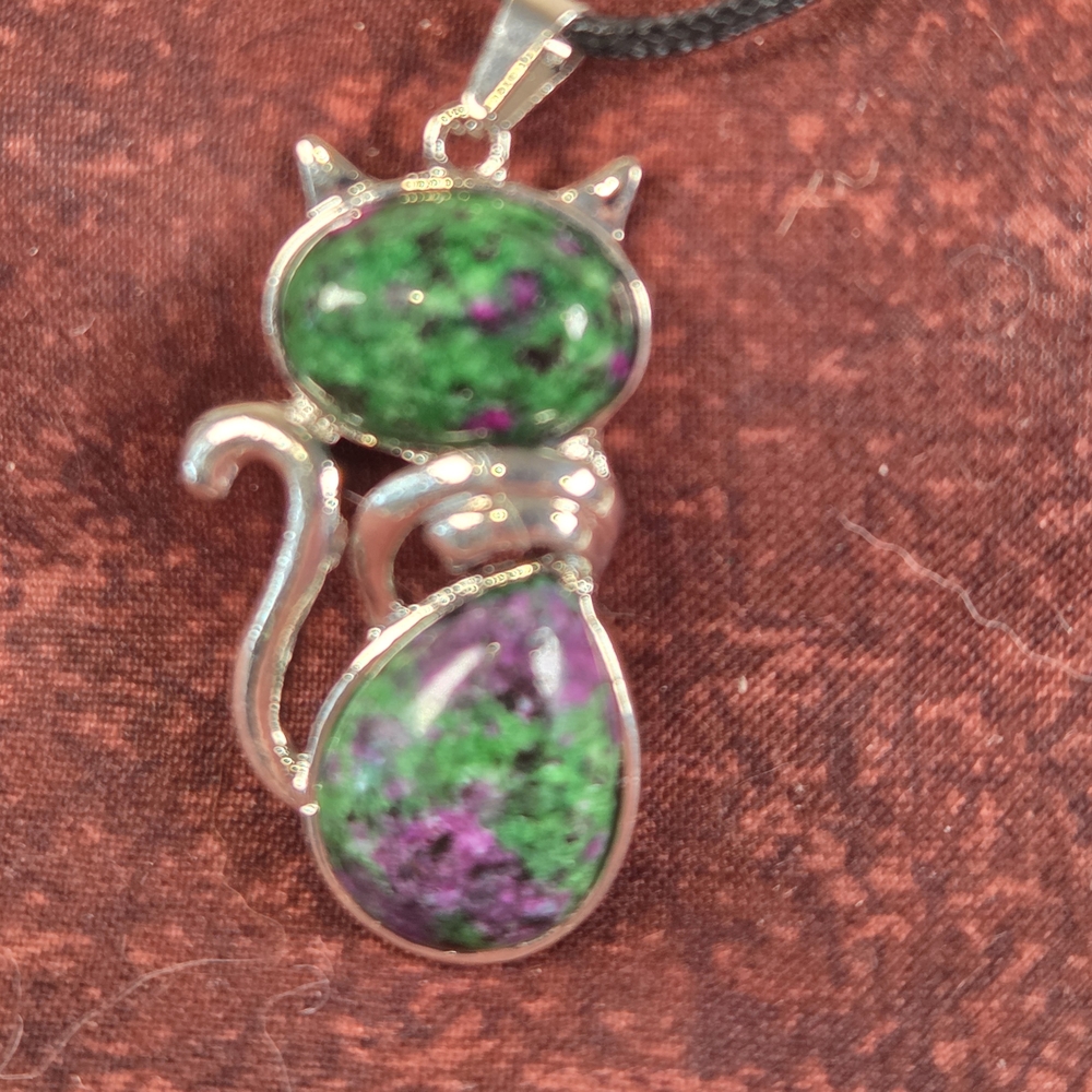 Silver Cat Pendant with Green and Purple Gemstones
